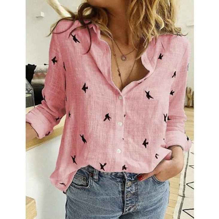Women's Casual Relaxed Fit Long Sleeve Button-Up Blouse Pink with birds