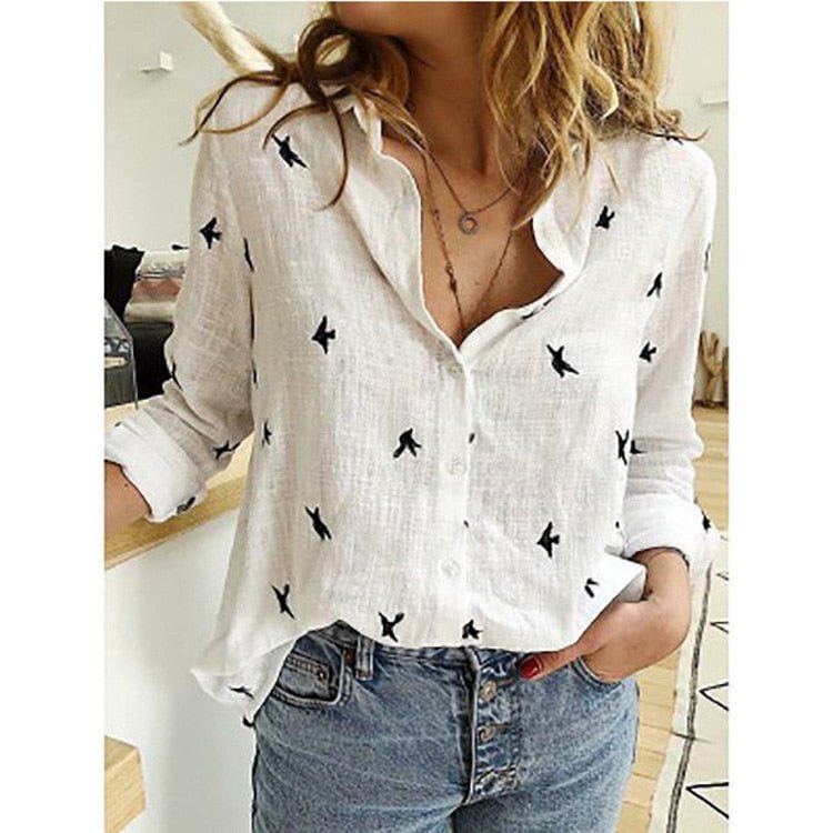 Women's Casual Relaxed Fit Long Sleeve Button-Up Blouse White with birds