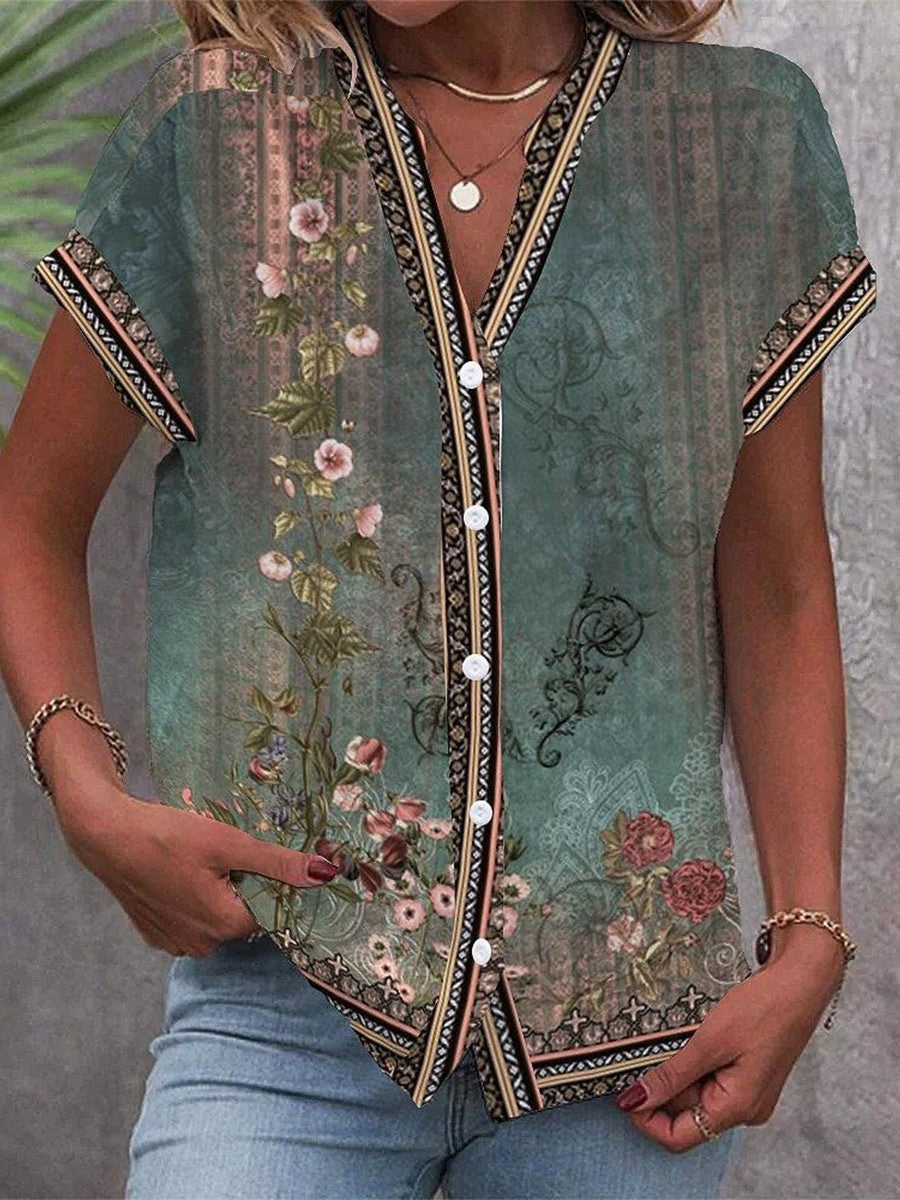 Women's Boho Floral V-Neck Blouse Classic