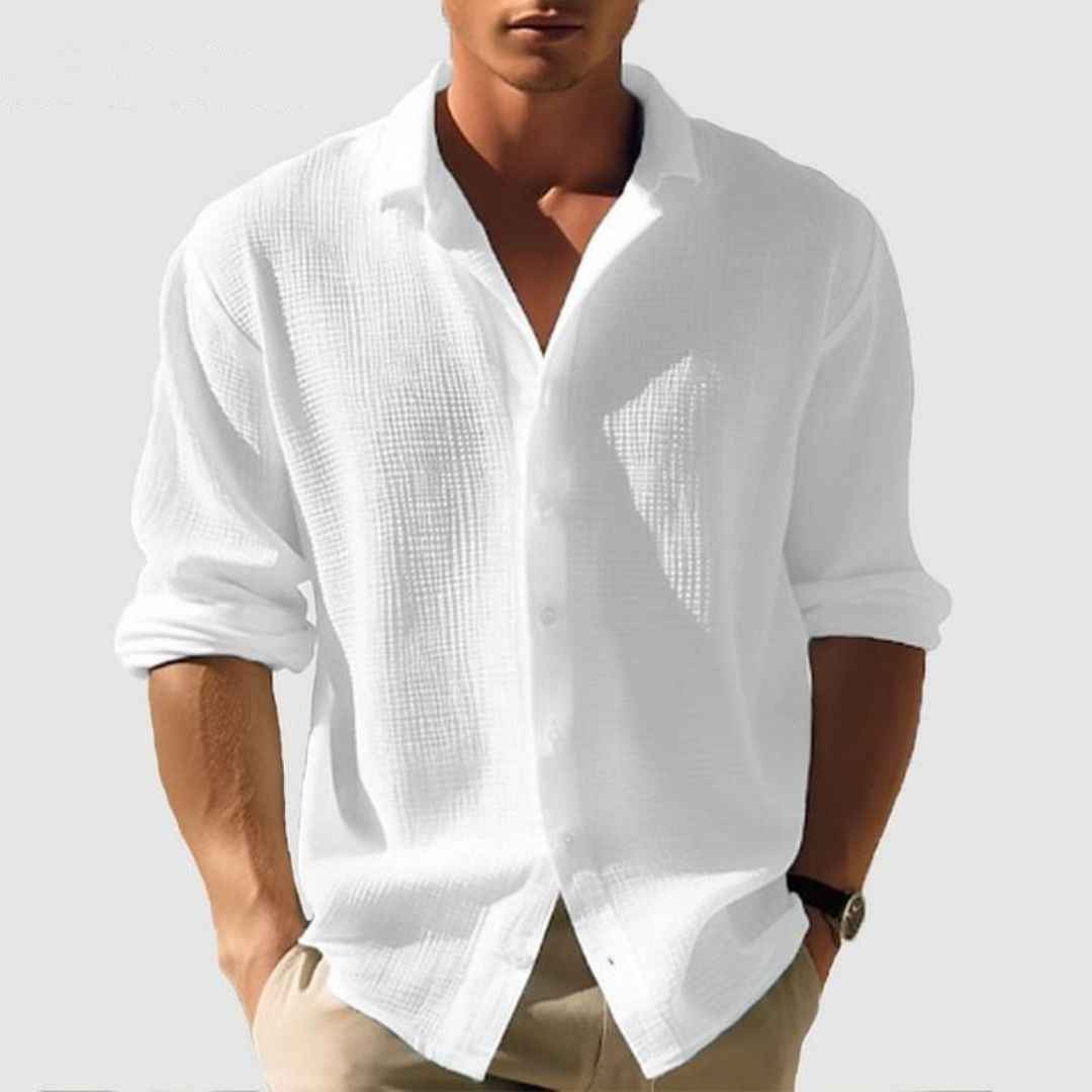 Men's Long Sleeve Casual Cotton Waffle Shirt White