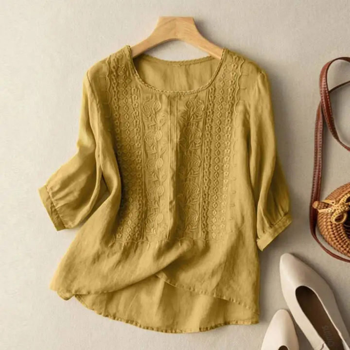 Women's Embroidered Three-Quarter Sleeve Blouse Yellow