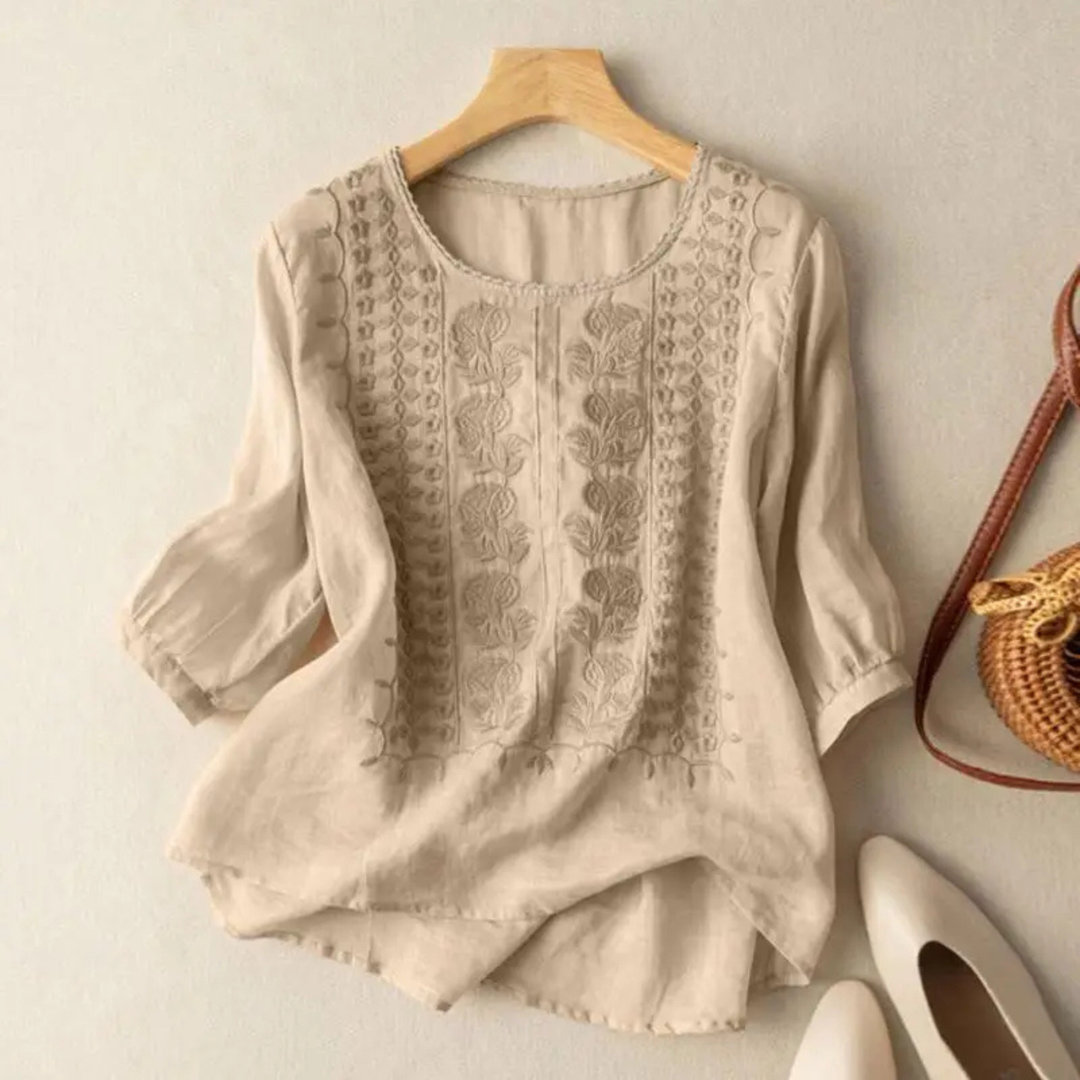 Women's Embroidered Three-Quarter Sleeve Blouse Beige