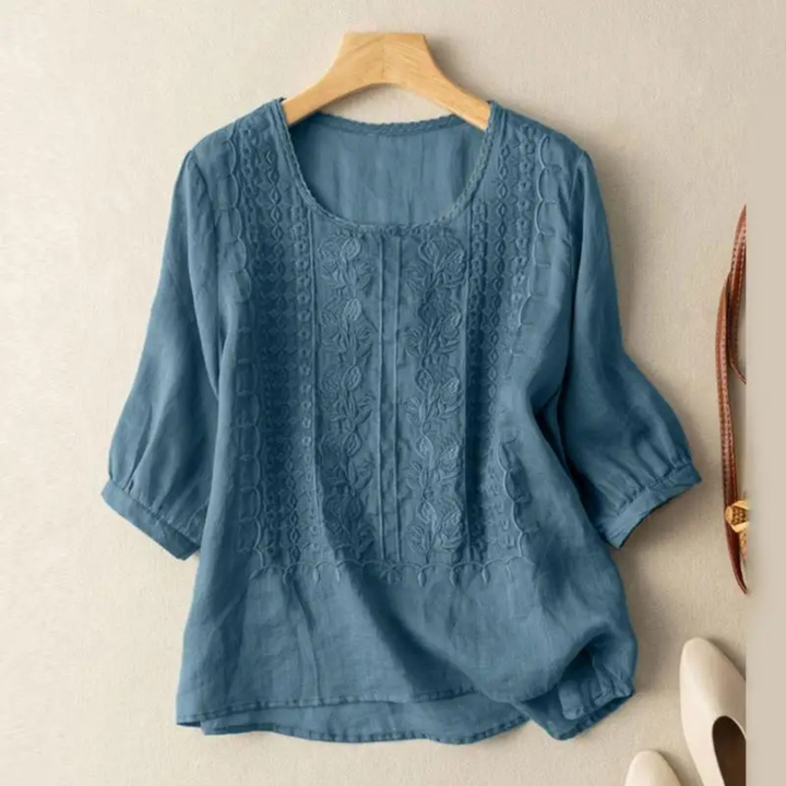 Women's Embroidered Three-Quarter Sleeve Blouse Dusty Blue
