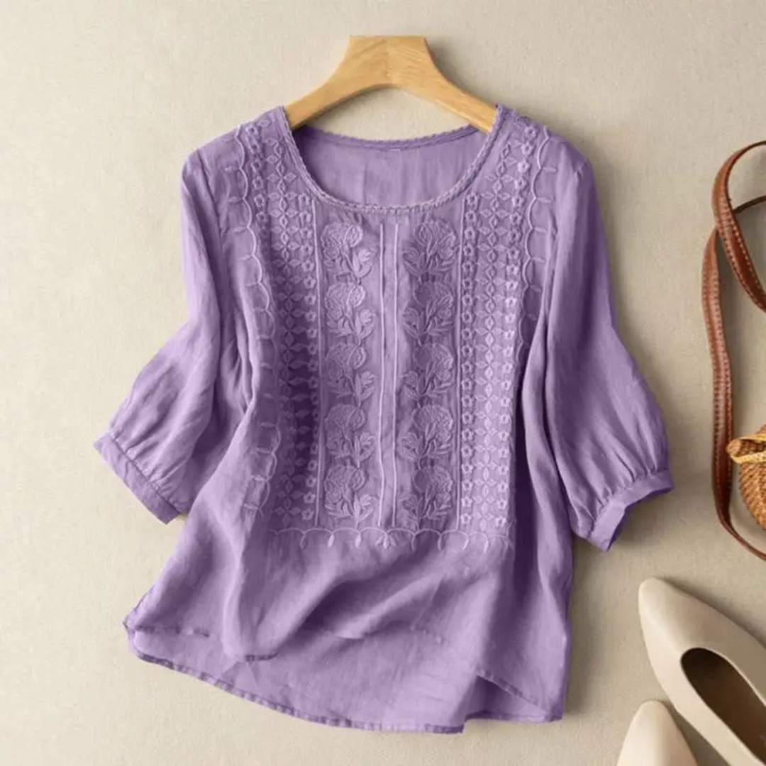 Women's Embroidered Three-Quarter Sleeve Blouse Purple