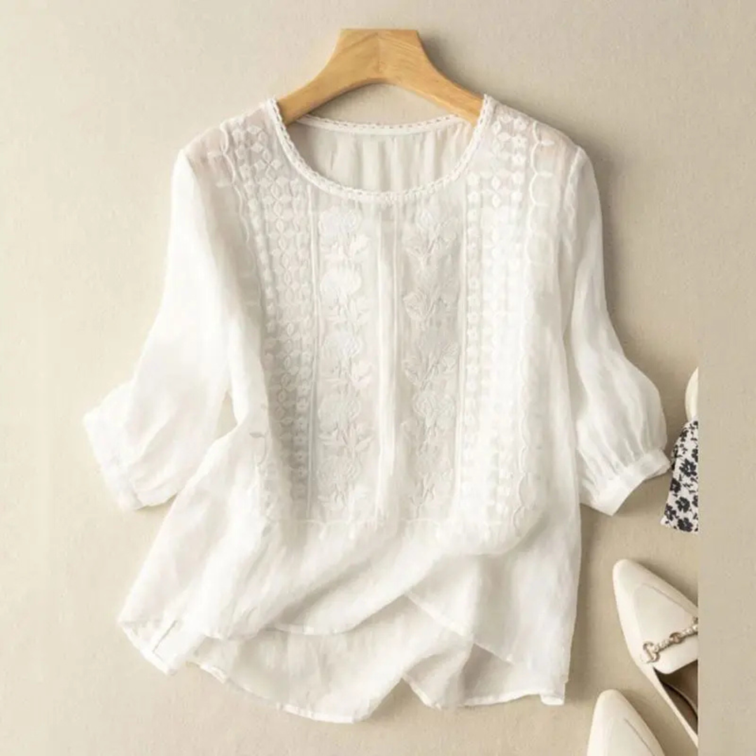 Women's Embroidered Three-Quarter Sleeve Blouse White