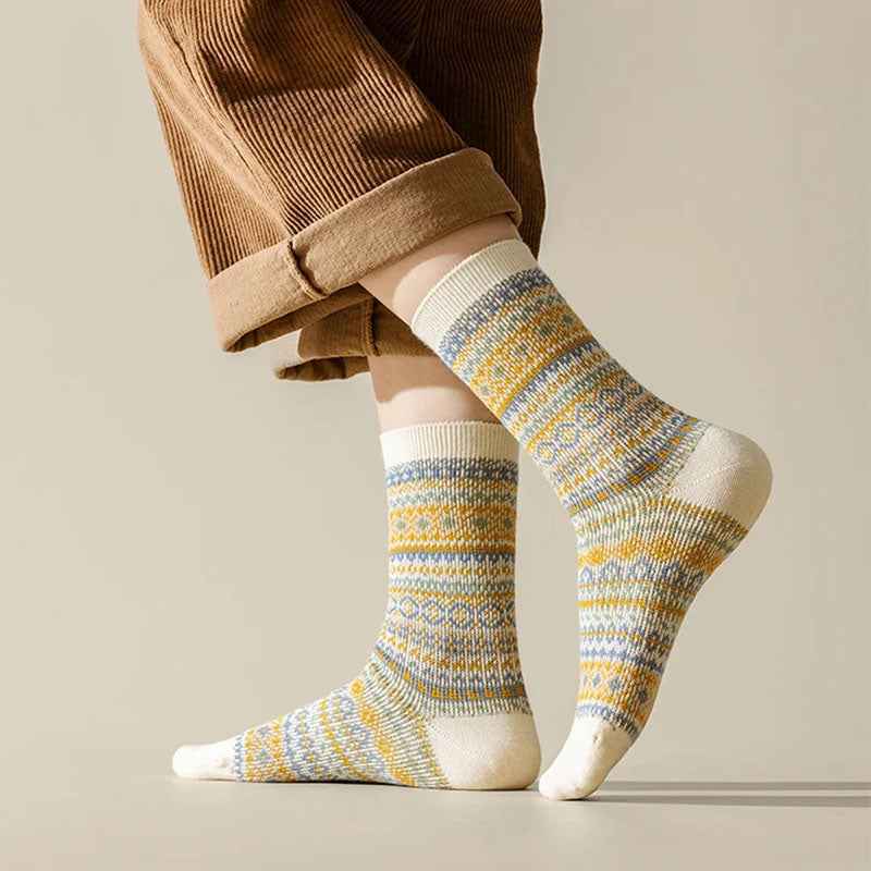 Fair Isle Ribbed Cuff Crew Socks White