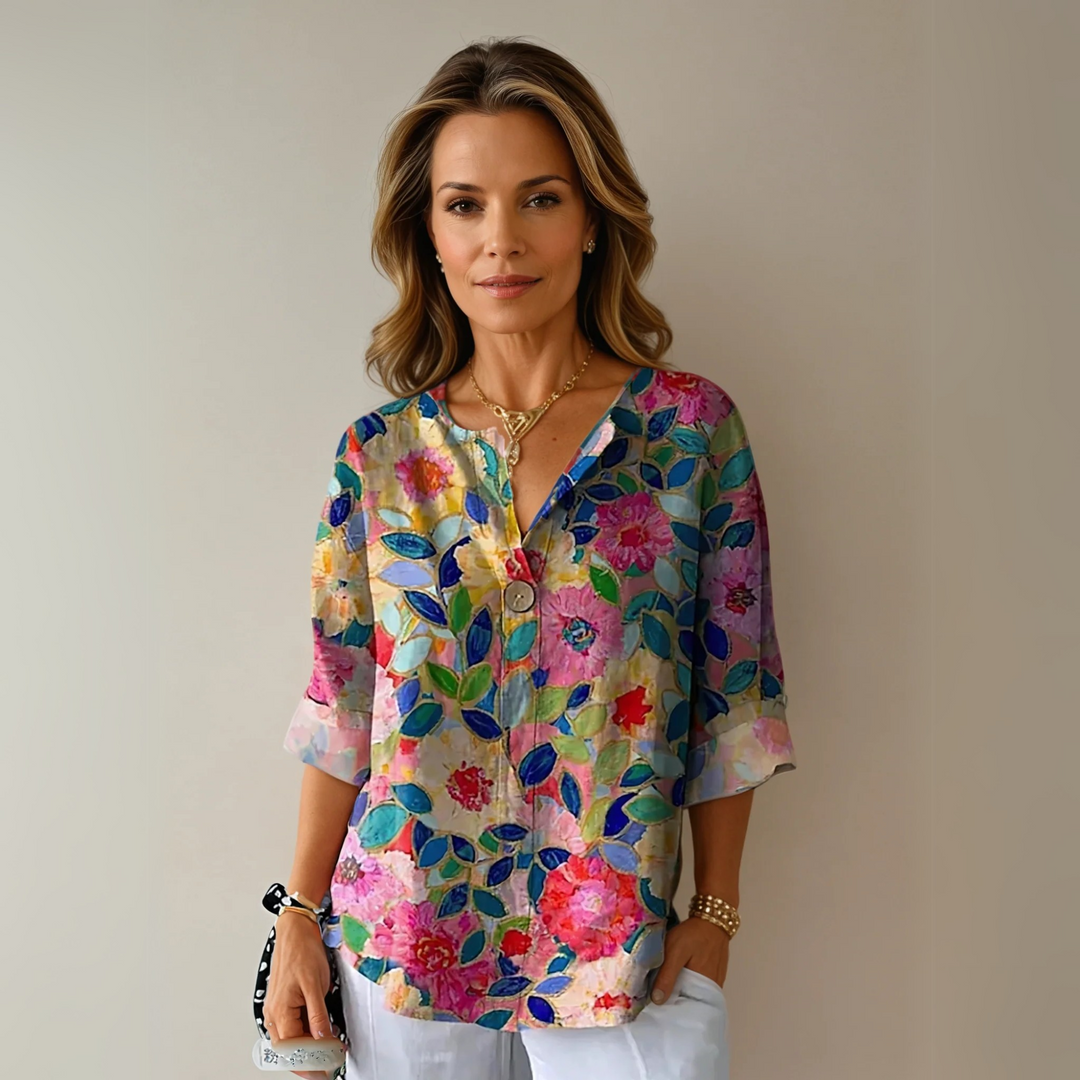 Women's Floral V-Neck Summer Blouse Blue - Pink - Red