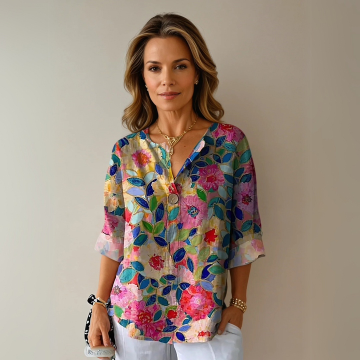 Women's Floral V-Neck Summer Blouse Blue - Pink - Red