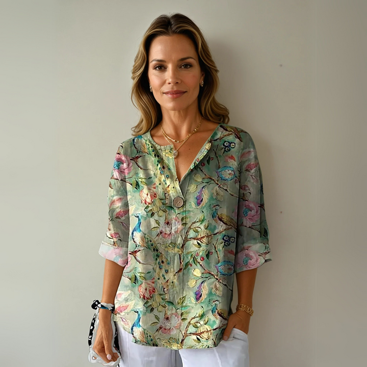Women's Floral V-Neck Summer Blouse Green