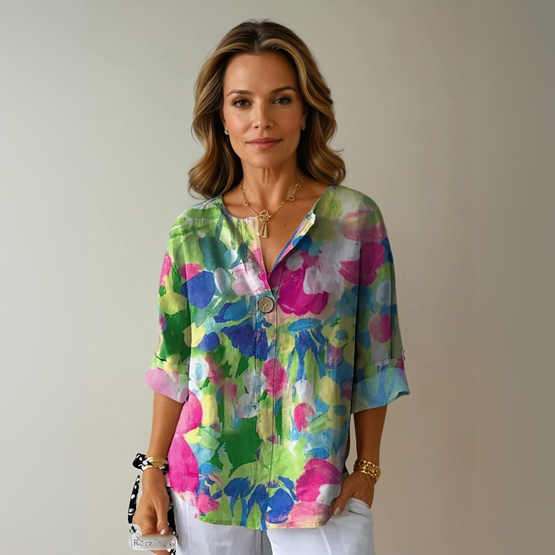 Women's Floral V-Neck Summer Blouse Green - Pink