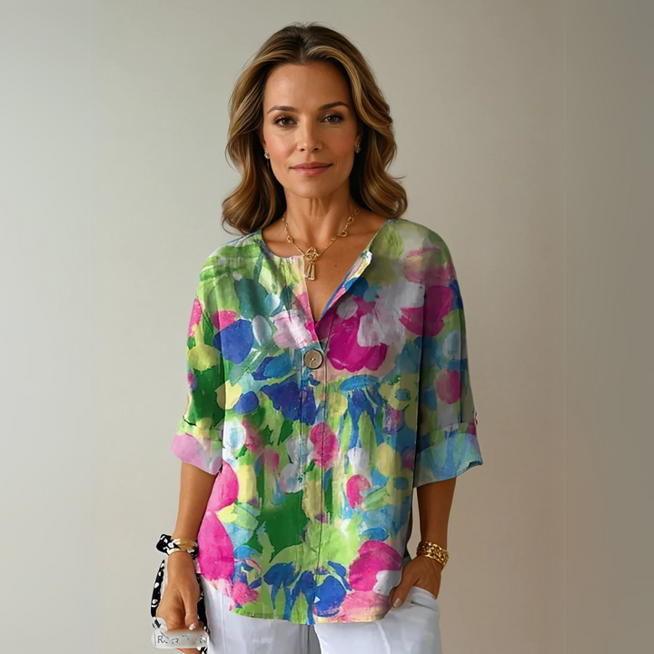 Women's Floral V-Neck Summer Blouse Green - Pink