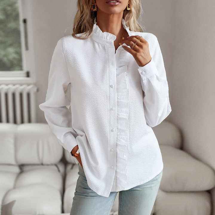 Women's Lightweight Ruffle Blouse - Long Sleeve with Classic Button Closure White
