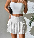 Women's Boho Print Mini Skirt - Layered Ruffles & Elastic Waist - Comfortable Fit White
