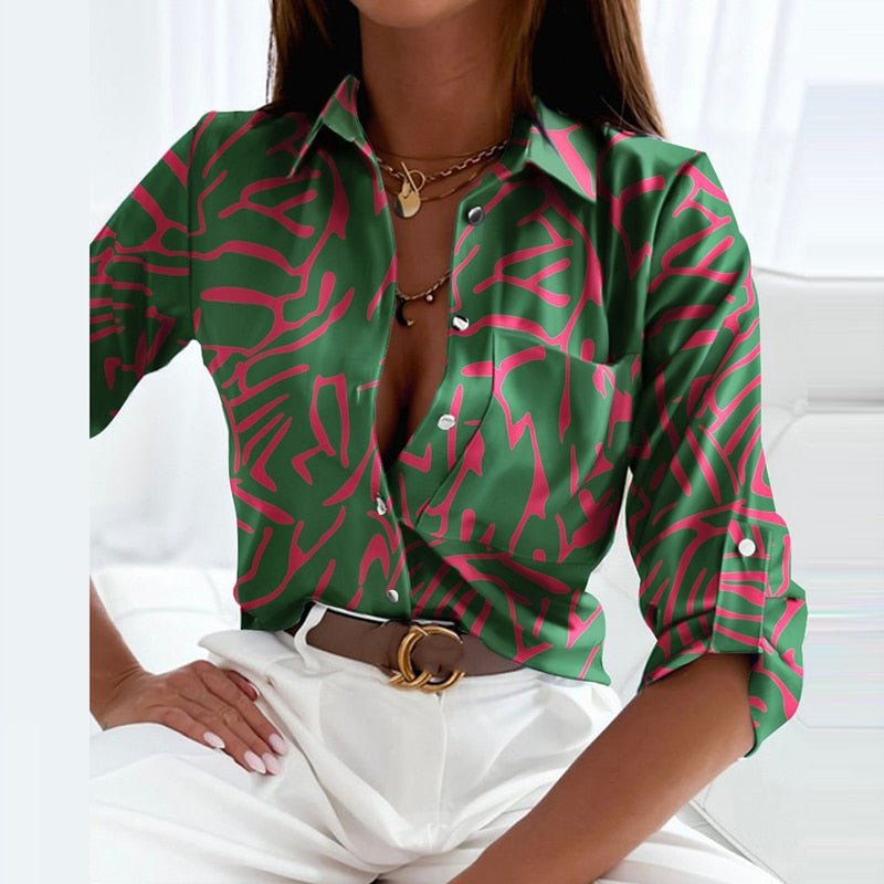 Women's Classic Collared Printed Blouse Green