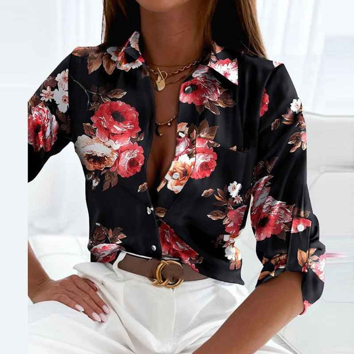 Women's Classic Collared Printed Blouse Black Pink Flowers