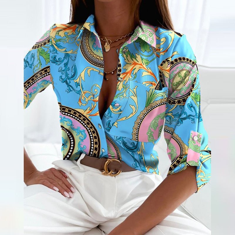 Women's Classic Collared Printed Blouse Light Blue