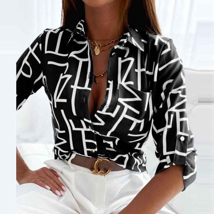 Women's Classic Collared Printed Blouse Black