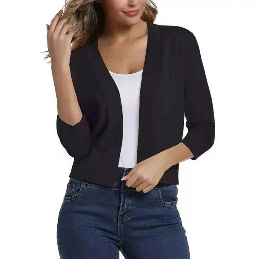 Women's Knit Cropped Open Front Relaxed Fit Solid Beige Cardigan