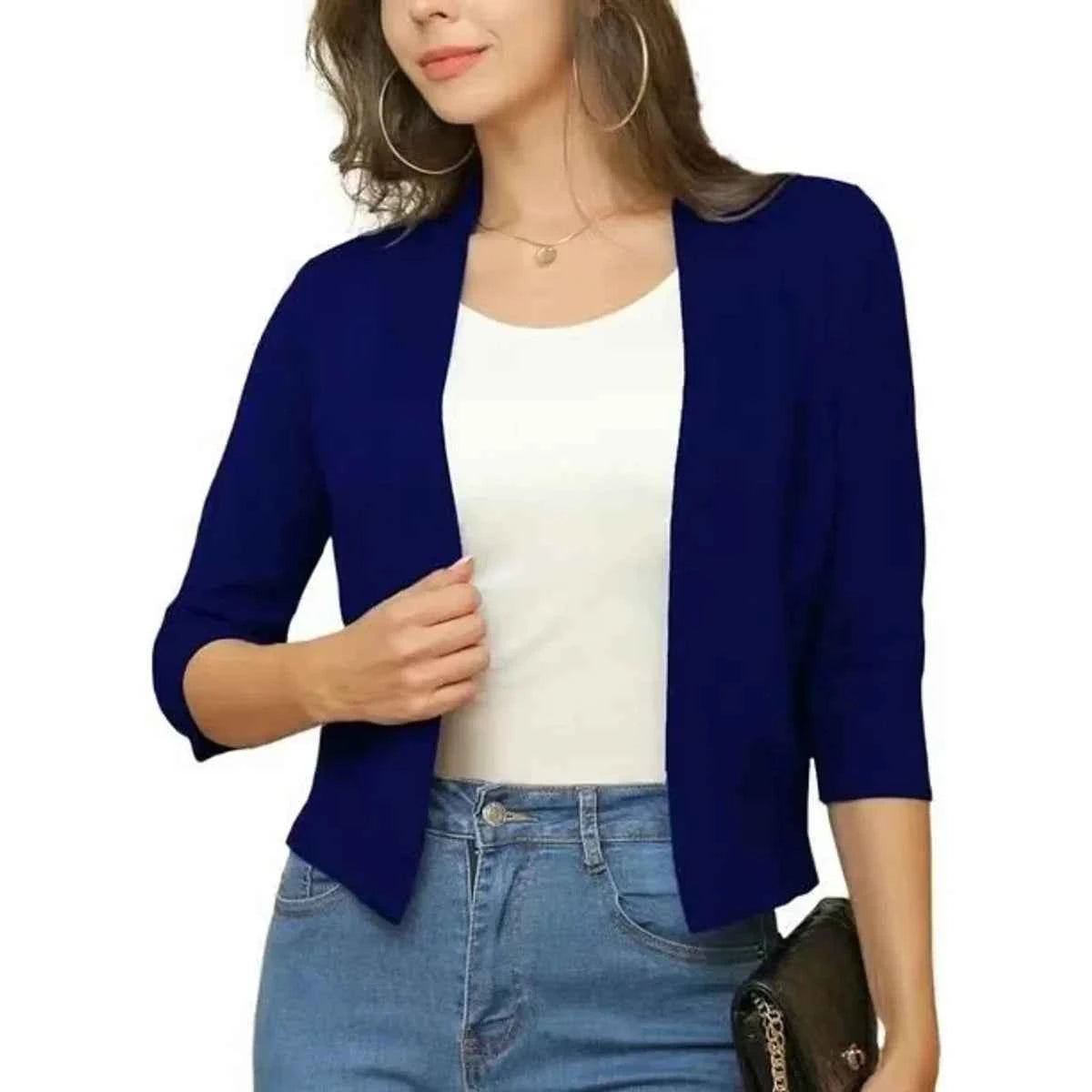 Women's Knit Cropped Open Front Relaxed Fit Solid Beige Cardigan Mondsee Blue