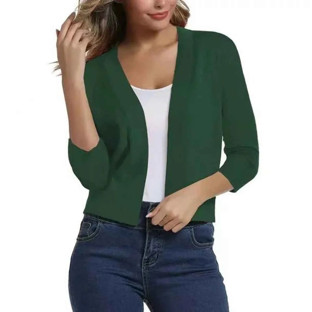 Women's Knit Cropped Open Front Relaxed Fit Solid Beige Cardigan Wood Green