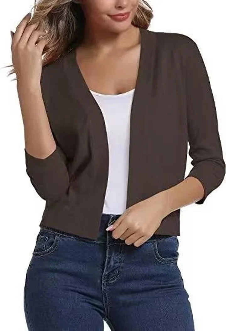Women's Cropped Short Sleeve Open Front Cardigan Brown