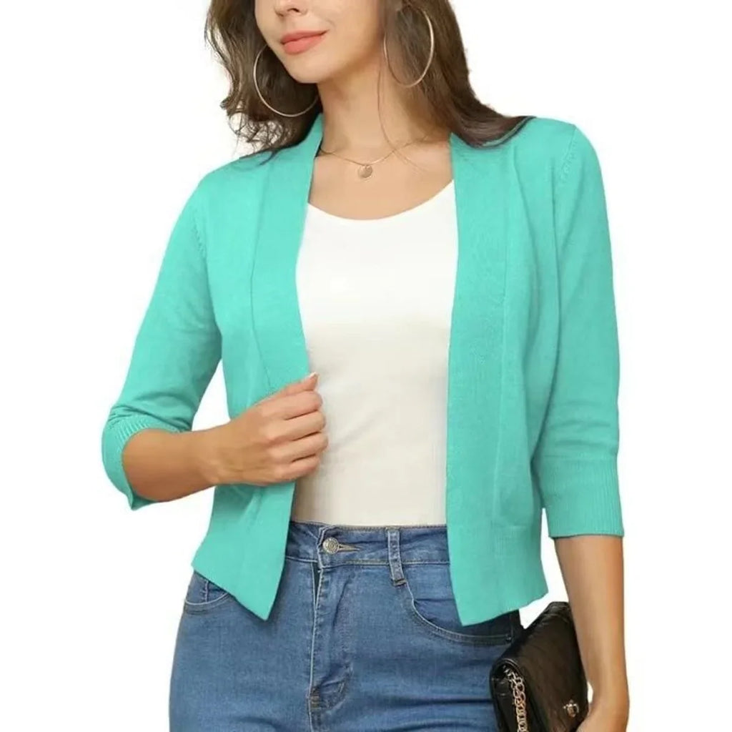Women's Knit Cropped Open Front Relaxed Fit Solid Beige Cardigan Deep Navy Blue