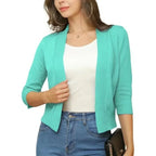 Women's Knit Cropped Open Front Relaxed Fit Solid Beige Cardigan Deep Navy Blue