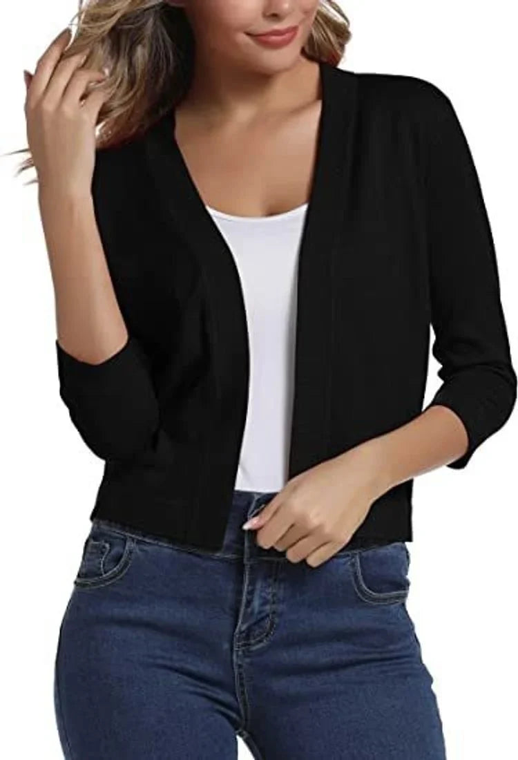 Women's Knit Cropped Open Front Relaxed Fit Solid Beige Cardigan Black