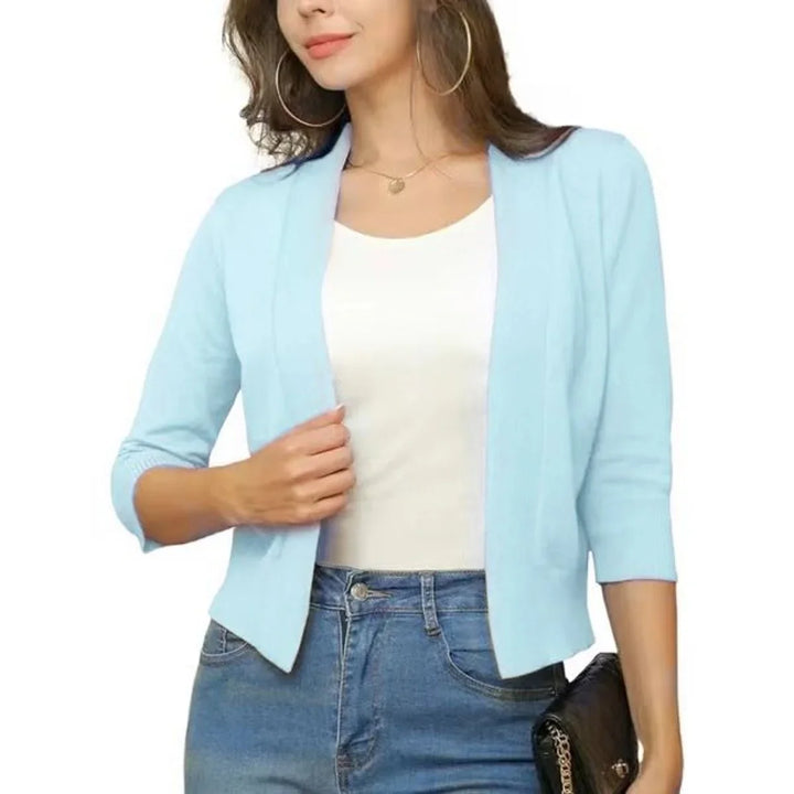 Women's Cropped Short Sleeve Open Front Cardigan Pale Blue