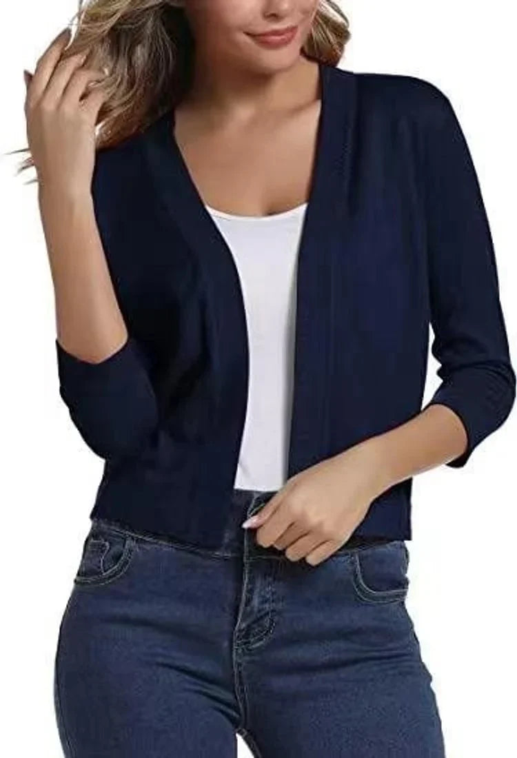 Women's Knit Cropped Open Front Relaxed Fit Solid Beige Cardigan Sapphire Blue
