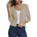 Women's Knit Cropped Open Front Relaxed Fit Solid Beige Cardigan Beige