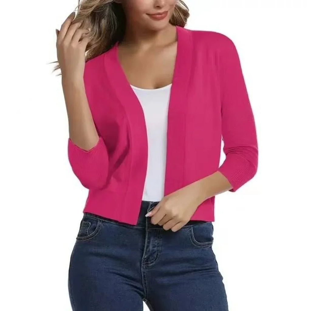 Women's Knit Cropped Open Front Relaxed Fit Solid Beige Cardigan Red