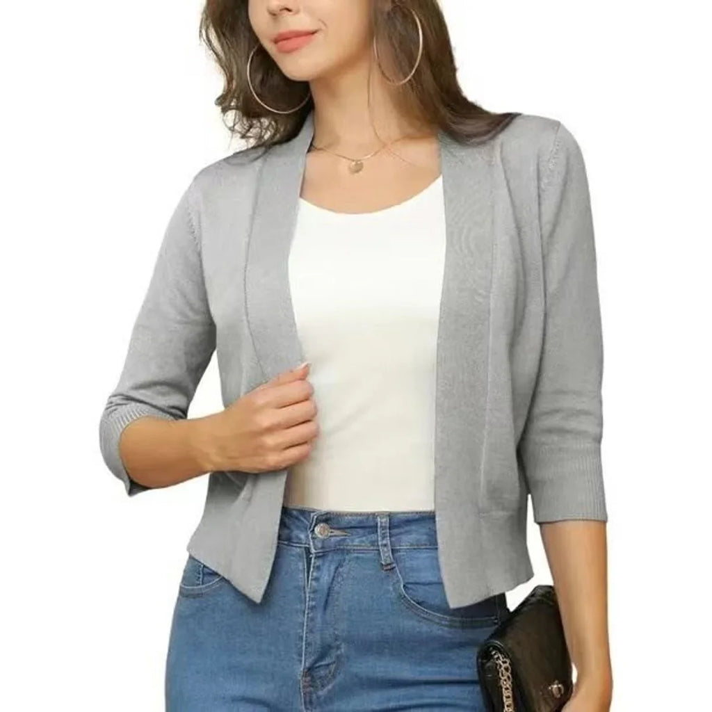 Women's Knit Cropped Open Front Relaxed Fit Solid Beige Cardigan