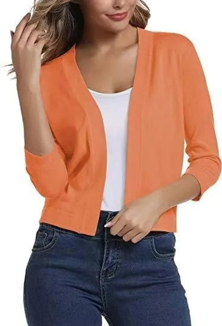 Women's Cropped Short Sleeve Open Front Cardigan Orange