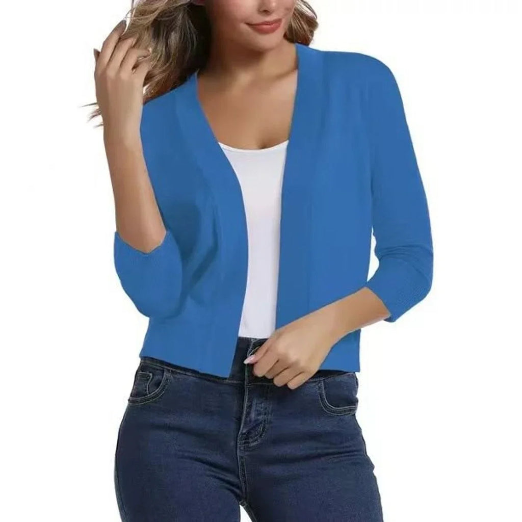 Women's Knit Cropped Open Front Relaxed Fit Solid Beige Cardigan Blue