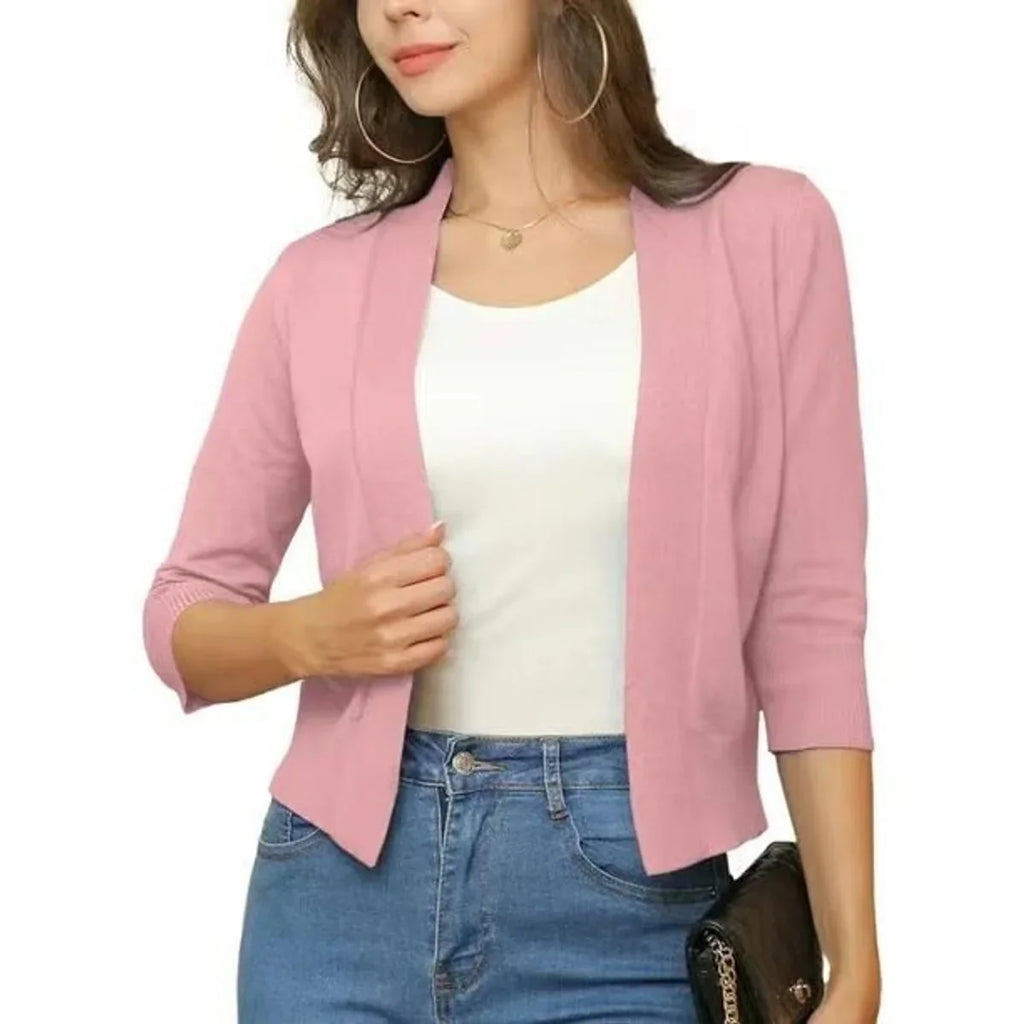 Women's Knit Cropped Open Front Relaxed Fit Solid Beige Cardigan Rubber Red