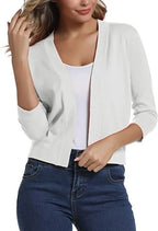 Women's Knit Cropped Open Front Relaxed Fit Solid Beige Cardigan White