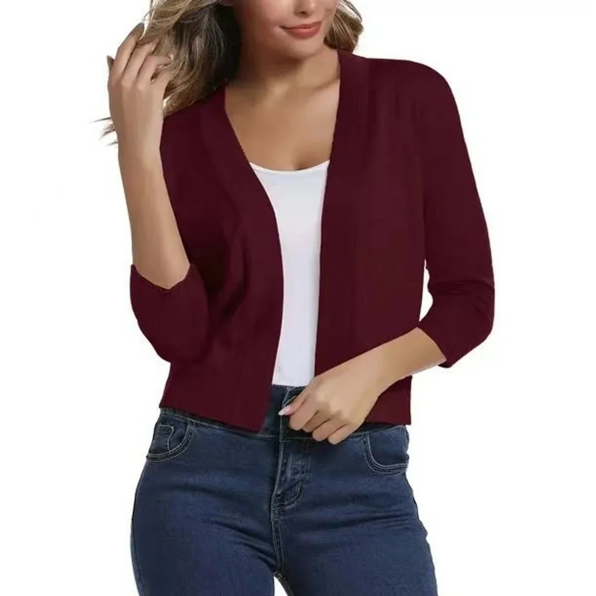 Women's Knit Cropped Open Front Relaxed Fit Solid Beige Cardigan N A
