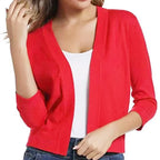 Women's Knit Cropped Open Front Relaxed Fit Solid Beige Cardigan