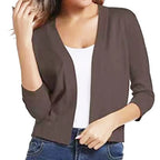 Women's Knit Cropped Open Front Relaxed Fit Solid Beige Cardigan
