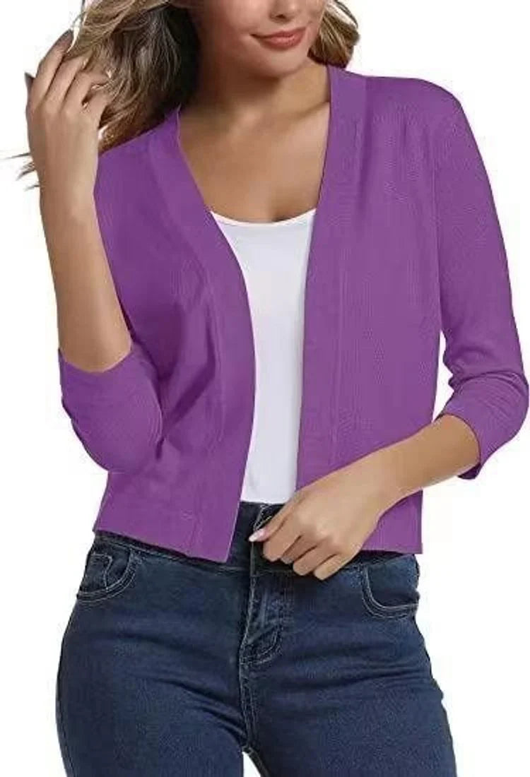 Women's Knit Cropped Open Front Relaxed Fit Solid Beige Cardigan Purple