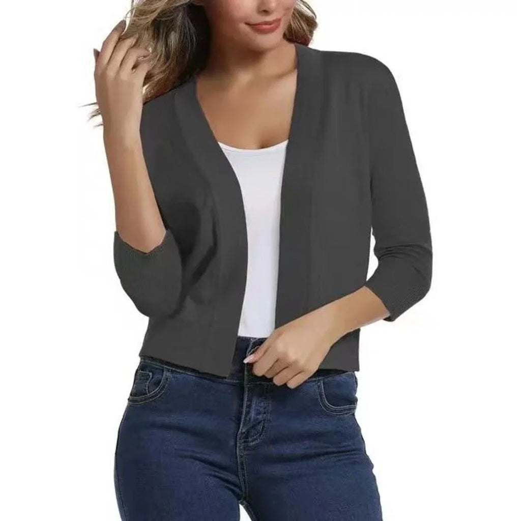 Women's Knit Cropped Open Front Relaxed Fit Solid Beige Cardigan Gray