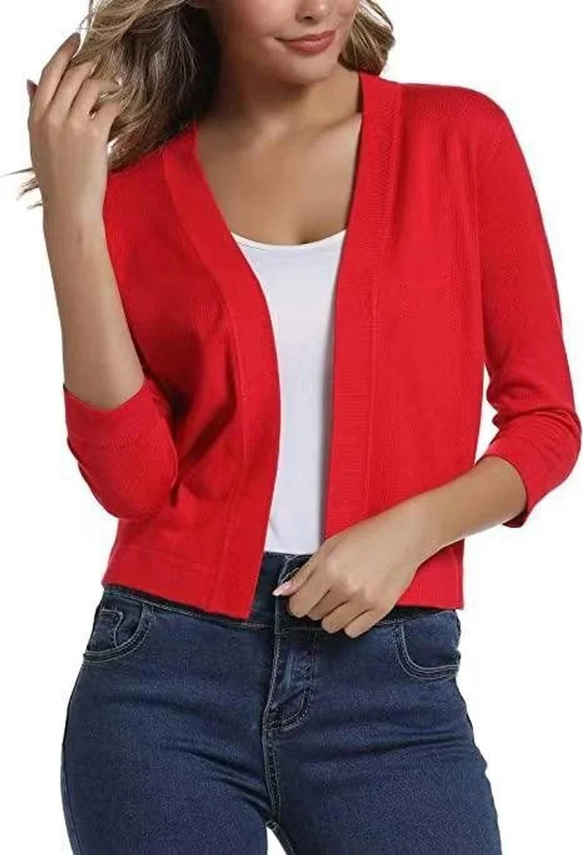 Women's Knit Cropped Open Front Relaxed Fit Solid Beige Cardigan China Red