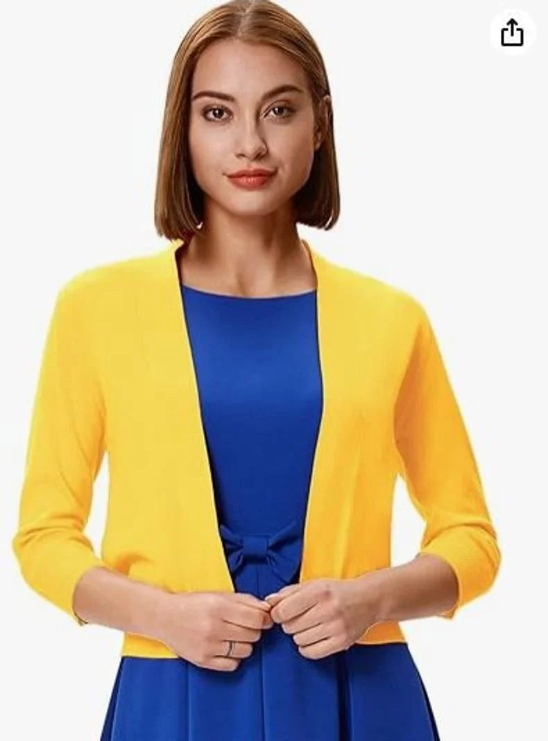 Women's Cropped Short Sleeve Open Front Cardigan Yellow