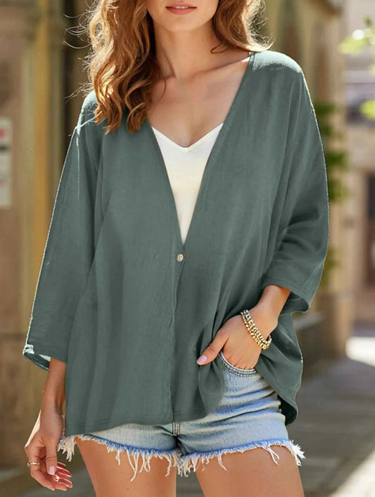 Women's Beige Lightweight Open Front V Neck Mid Sleeve Cardigan Green