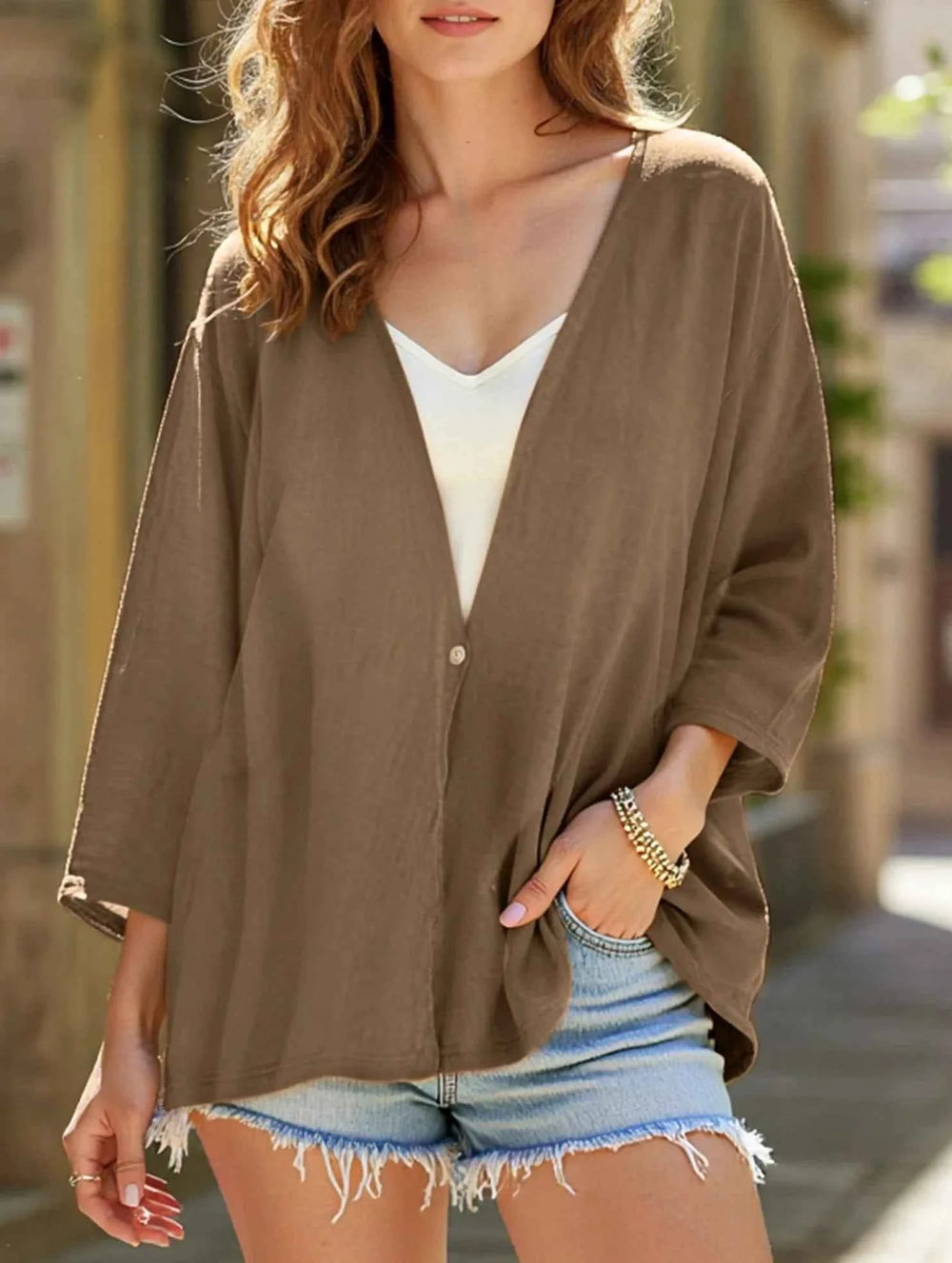 Women's Lightweight Open Front V-Neck Mid-Sleeve Cardigan