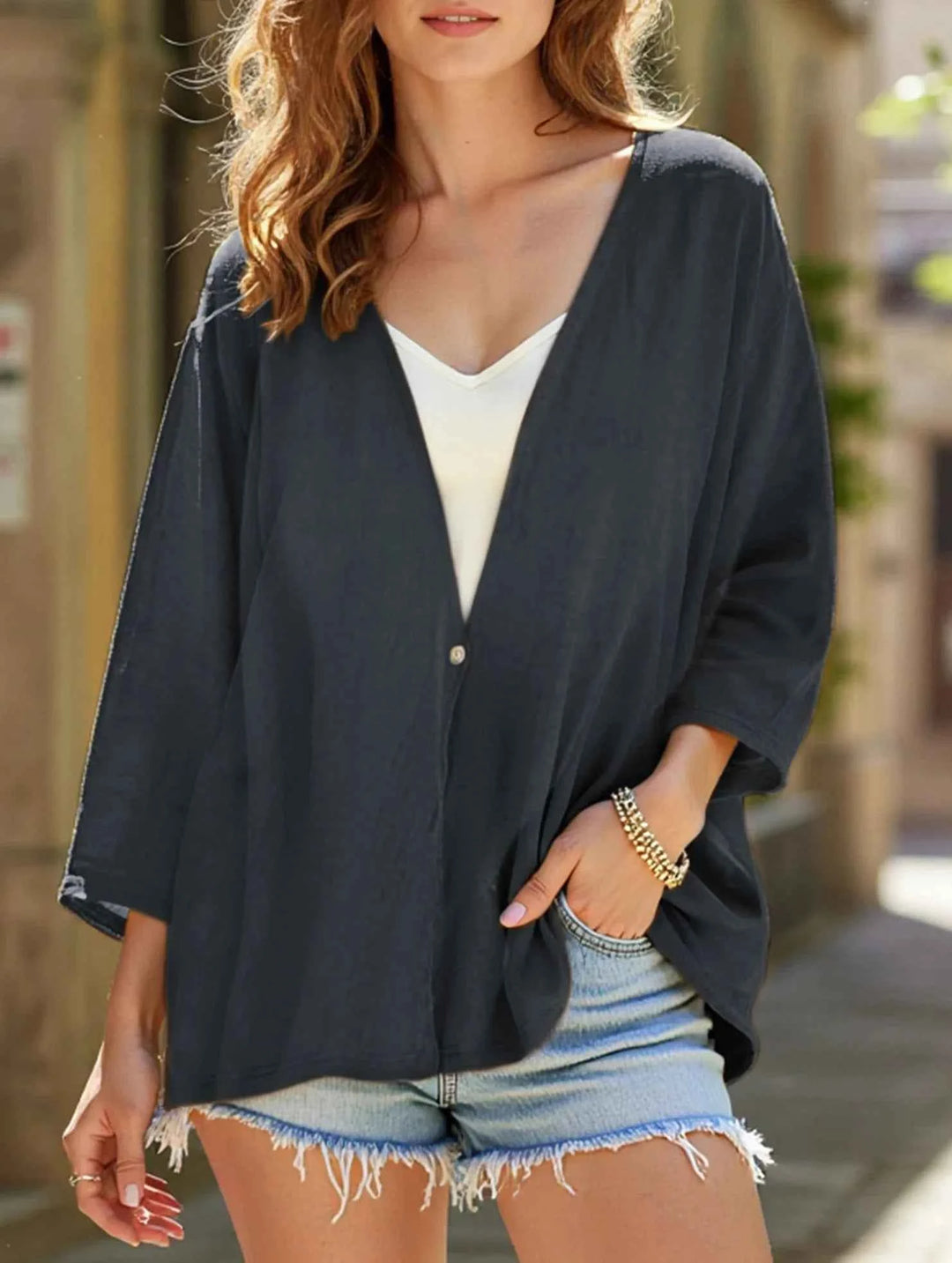 Women's Lightweight Open Front V-Neck Mid-Sleeve Cardigan
