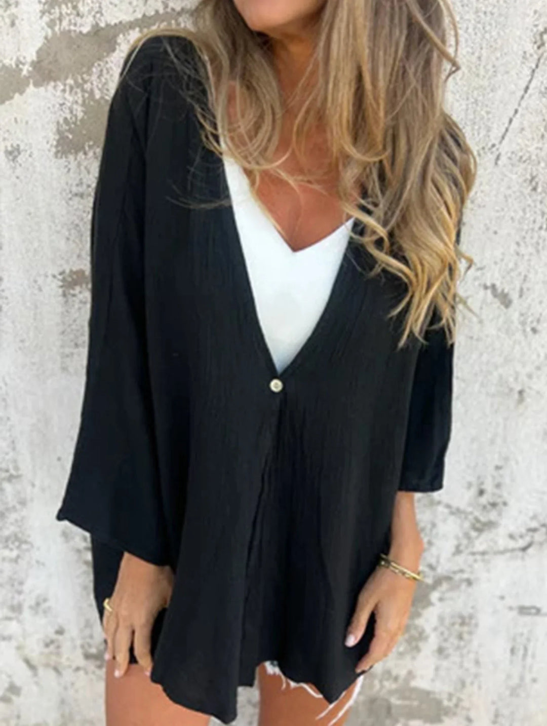 Women's Lightweight Open Front V-Neck Mid-Sleeve Cardigan