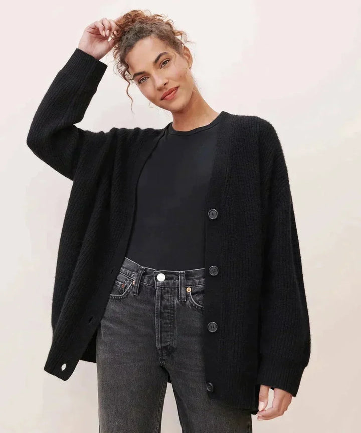 Women's Oversized V-Neck Button Front Cashmere Knit Cardigan Black