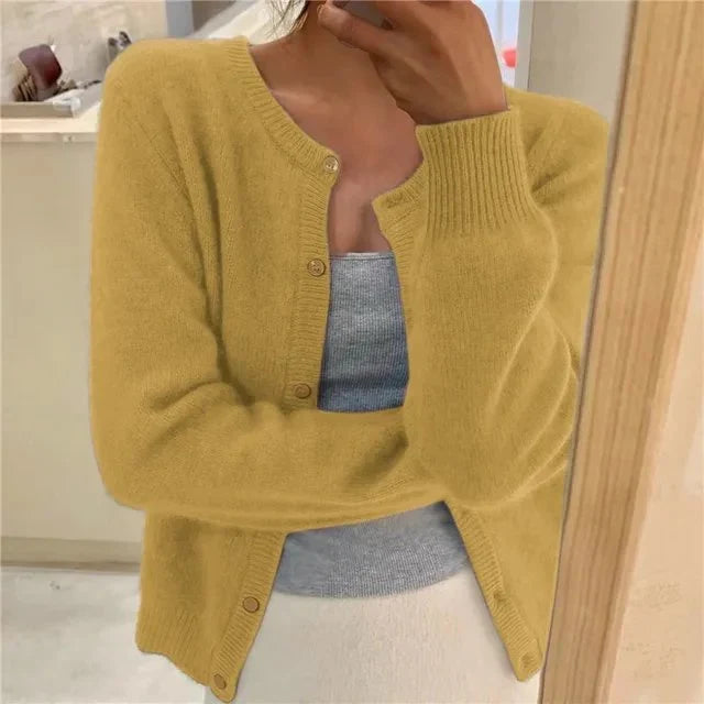 Women's Cropped Button Front Long Sleeve Cardigan Sweater Yellow